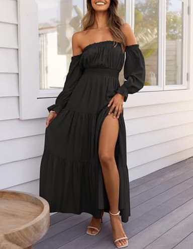 ZESICA Women's 2025 Boho Sexy Off Shoulder Long Sleeve Smocked High Waist Side Split Flowy A Line Tiered Long Maxi Dress,DarkBlack,Medium - Image 2
