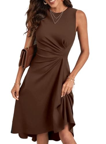 Happy Sailed Midi Dresses for Women Date Night Summer Sleeveless Empire Ruched Waisted Slim Fit Irregular Hem Flared A-Line High Low Cocktail Party Dress Fashion 2025 Brown X-Large - Image 1