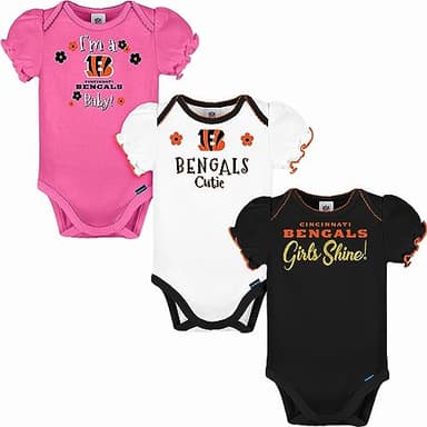 Gerber NFL Cincinnati Bengals 3 Pack Short Sleeve Bodysuit, White/Black/Pink Cincinnati Bengals, 0-3 Months - Image 1