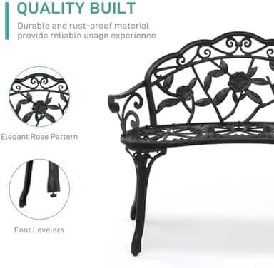 VINGLI 38.5" Patio Park Garden Outdoor Metal Rose Bench,Cast Iron Cast Aluminium Frame Antique Finish Chair,Accented Lawn Front Porch Path Yard Decor Deck Furniture for 2 Person Seat（Black - Image 4
