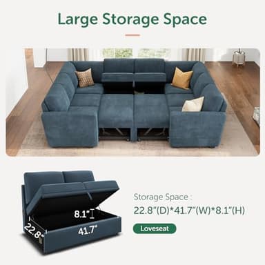 HONBAY Modular Sectional Couch with Pull Out Bed, Corduroy Sleeper Sofa with Storage Seats, U Shaped Sectional Couches for Living Room, Blue - Image 5