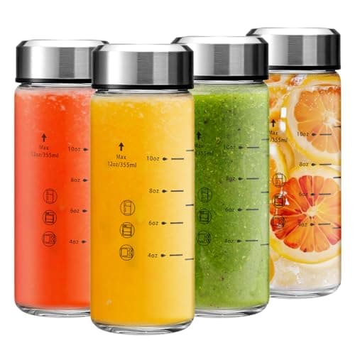 Olivego 12oz Juice Bottles - 4 Pack Wide Mouth Glass Bottles with Lids- BPA Free, Stainless Steel Lids for Juicing, Smoothies, Infused Water, Beverage Storage - Leakproof, Borosilicate, Clear - Image 1