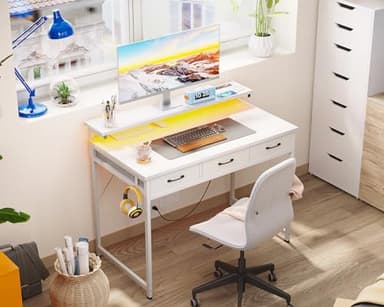 ODK 40 Inch Small Computer Desk with 3 Drawers and USB Power Outlets, Home Office Desks with LED Lights and Adjustable Monitor Stand, Work from Home, Modern Work/Writing/Study Table for Bedroom, White - Image 2