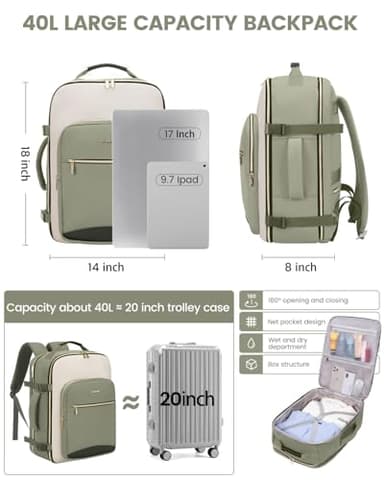 LOVEVOOK 40L Travel Backpack for Women & Men, Airline Approved Carry On Luggage with 3 Packing Cubes, TSA Overnight Bags, Waterproof Personal Item Bag, Weekender Essentials Backpacks fits 17" Laptop - Image 5