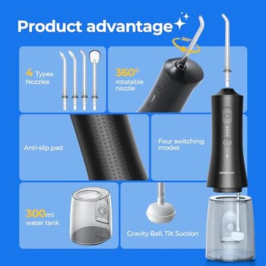 Operan Water Flosser for Teeth, 300ML Portable Dental Flosser with 4 Modes & 4 Nozzles, IPX7 Waterproof Rechargeable Oral Irrigator, Long Battery for Home, Braces Flossers, and Travel-Black+1Pack - Image 2