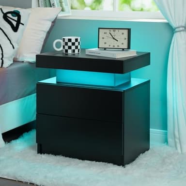 i-aplus Nightstand Set of 2 LED Nightstand with 2 Drawers, Bedside Table with Drawers for Bedroom, Side Bed Table with LED Light, Black - Image 6
