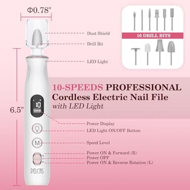 PELCAS Electric Nail File, 10 Speeds Cordless Nail Drill with LED Light, Portable Manicure and Pedicure Kit, Nail Grinder with LCD Screen For Human, Pet, Thick Toenails, Natural & Acrylic Nails - Image 5
