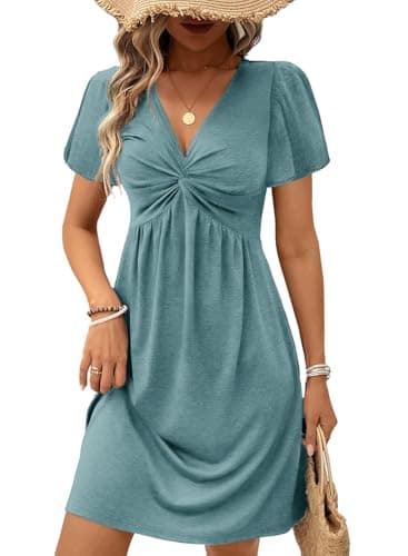 Acelitt Women Casual Fashion Trendy 2025 Summer Twist Front V Neck Short Sleeve Mini Dress High Waisted A Line Ruffle Dresses Sun Dresses Peacock Blue XXL - Image 1