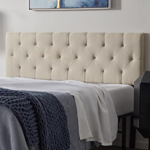 LUCID Mid-Rise Upholstered Headboard - Diamond Tufted - Padded Polyester - Adjustable Height from 34” to 46” - Easy Assembly - Bed Frame or Wall Mount - Sturdy - Pearl - Queen Size - Image 1