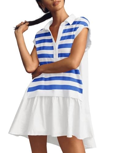 Fisoew Womens Summer Color Block Sweatshirt Dresses Short Sleeve V Neck Casual Oversized Patchwork Mini Dress - Image 1