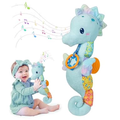 Baby Toys 0-6 Months,Infant Musical Seahorse Stuffed Animals Sensory Toys with Bright Colors,Multiple Textures,Rattles & Crinkle Sound Paper,Soft Tummy Time Toy for Newborn Boys Girls 0-12 Months-Blue - Image 1
