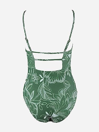CUPSHE Women Swimsuit One Piece Bathing Suit Square Neck Cutout Back Tummy Control with Adjustable Spaghetti Straps, L Green Floral - Image 6