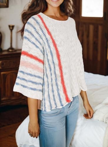 Dokotoo Womens Sweaters Casual Fall Winter 2025 Crewneck Color Block Striped 3/4 Sleeve Loose Lightweight Crochet Knit Trendy Pullover Sweaters for Women Tops Shirts White Medium - Image 3