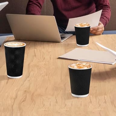 Lamosi 12 oz Disposable Coffee Cups - 120 Pack, Insulated Corrugated Paper Cups 12 oz, Kraft Ripple Wall Cups for Hot Beverage or Cold Drinks Office/Home/Party/Travel/Cafe (Black) - Image 7