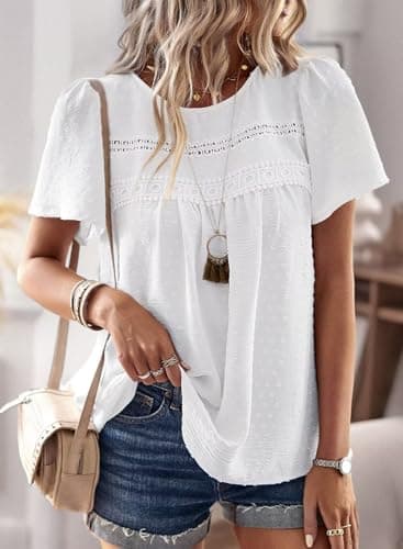 Falechay Plus Size Tops for Women Keyhole Button with Elastic Loop Dressy Casual Crewneck Flowy Blouses Summer Boho Shirts White 3XL - Image 2