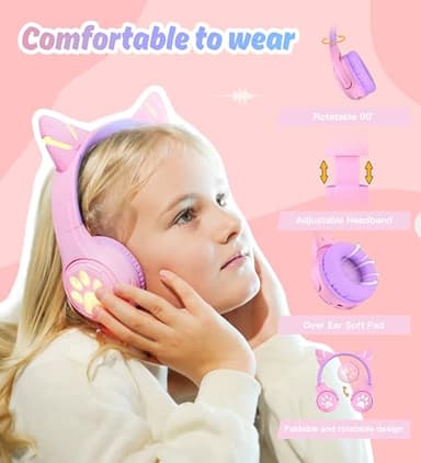 Riwbox CF9 Cat Ear Kids Bluetooth Headphones with LED Light Up,Safe 85dB Volume Limit,Built-in Mic&Boom Mic for Calls,Kids Wireless&Wired Headphones for Tablet/Airplane/School/Online Learning (Purple) - Image 2