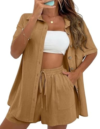 APAFES Women Summer Cotton Linen Short Sets 2 Piece Shorts Top Lounge Beach Vacation Two Piece Outfits Tracksuits(Khaki-XL) - Image 1