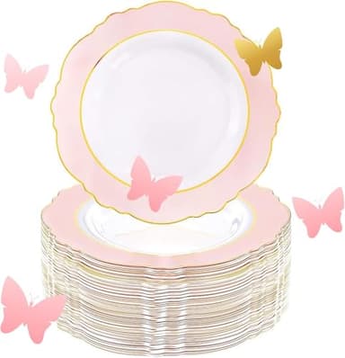 WDF 60pcs Pink Plastic Plates - 10.25inch Baroque Pink And Gold Disposable Dinner Plates for Upscale Parties -Special for Wedding, Party,Birthdays, Baby Shower - Image 1