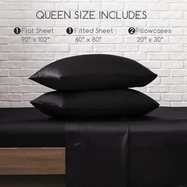 MR&HM Satin Bed Sheets, Queen Size Sheets Set, 4 Pcs Silky Bedding Set with Elastic Corner Straps and 15 Inches Deep Pocket for Mattress (Queen, Black) - Image 2