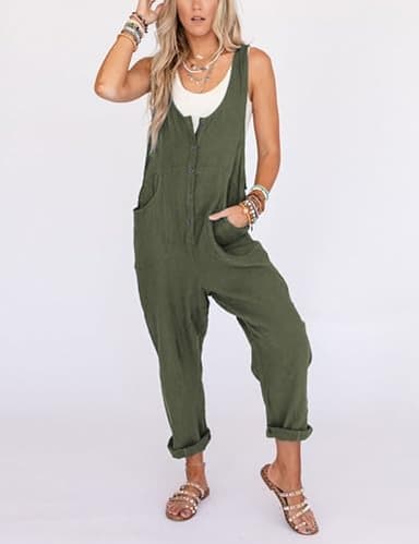 Yeokou Womens Overalls Linen Cotton Jumpsuits Loose Casual Jumpers with Pockets(ArmyGreen-M) - Image 2