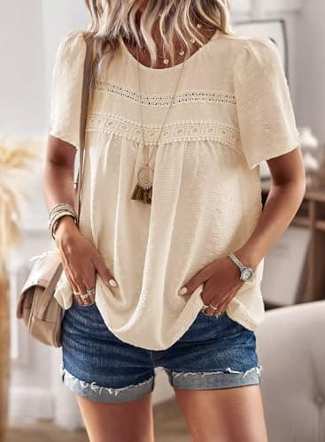 Falechay Cute Summer Tops Solid for Women Ladies Blouses Short Sleeve Pom Pom Babydoll Chiffon Bohemian Crewneck Loose 2025 Apricot XL - Image 4
