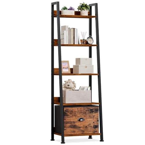 Furologee 5-Tier Ladder Shelf, Ladder Bookshelf with Removable Drawer, Rustic Bookcase Storage Rack Organizer, Wood Metal Freestanding Storage Shelf for Living Room, Home Office, Bedroom, Balcony - Image 1