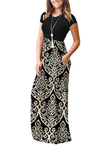 AUSELILY Women's Short Sleeve Loose Plain Casual Long Maxi Dresses for Women 2025 Black Khaki M - Image 3
