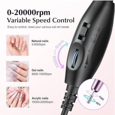 COSLUS Electric Nail Drill File Professional: for Acrylic Gel Dip Powder Nails Portable Nail Machine Kit Manicure Pedicure Tools Polishing Set with Nail Drill Bits Sanding Bands - Image 8
