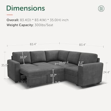 HONBAY Modular Sectional Sleeper Sofa with Pull Out Bed, Corduroy L Shaped Couch with Storage Seats, Convertible Sectional Couches for Living Room, Dark Grey - Image 2