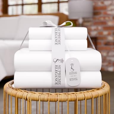 SUPREME ELEGANCE Organic 100% Cotton Queen Sheet Set, 18” Deep Pocket, Snow White | Lightweight, Eco-Friendly Cotton, Percale Softness, Durable & Breathable, Naturally Cooling | All Season Comfort - Image 2