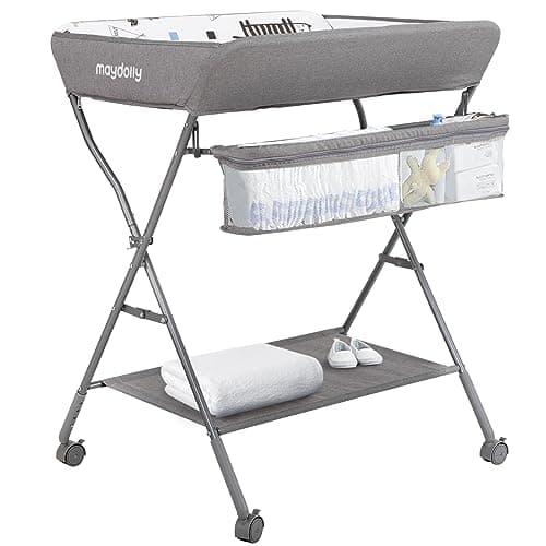 Baby Changing Table with Wheels, Maydolly Portable Adjustable Height Folding Diaper Station with Nursery Organizer & Storage Rack for Newborn Baby and Infant (Light Grey) - Image 1