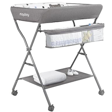 Baby Changing Table with Wheels, Maydolly Portable Adjustable Height Folding Diaper Station with Nursery Organizer & Storage Rack for Newborn Baby and Infant (Light Grey) - Image 1
