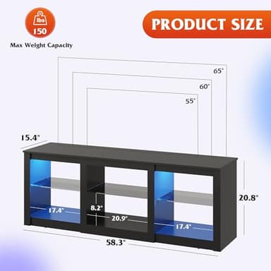 WLIVE LED TV Stand for 65-Inch TV, 58-Inch Entertainment Center with Adjustable Glass Shelves, Modern Media Console for Living Room & Bedroom, Black - Image 3