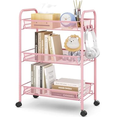 TOOLF 3 Tier Rolling Utility Cart - Durable Metal Design Pink Utility Cart, Storage Trolley on Wheels with 3 Hooks, Perfect for Kitchen, Bathroom & Laundry Room Organization - Image 1