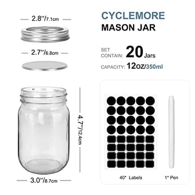 CycleMore 20 Pcs 12oz Glass Mason Jars With Silver Separable Lids, 350ml Round Canning Jars for Honey, Jam, Herb, Wedding Favor, Kitchen Storage Wide Mouth Bottles for Crafts, Meal Prep - Image 2