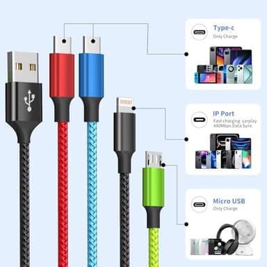 Firsting Travel Essentials Multi Charging Cable [2Pack 5FT], Nylon 4 in 1 Charging Cords, USB Cable Phone Charger with IP/Type C/Type C/Micro Port, Compatible with Most Cell Phones/Tablets and More - Image 2