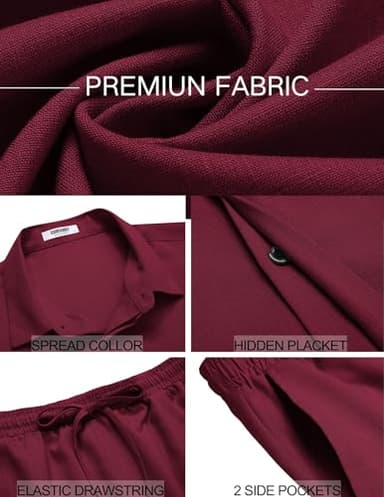 COOFANDY Men's Summer Beach Outfits 2 Piece Short Sleeve Shirts and Shorts Vacation Texture Linen Sets for Men,Wine Red,S - Image 5