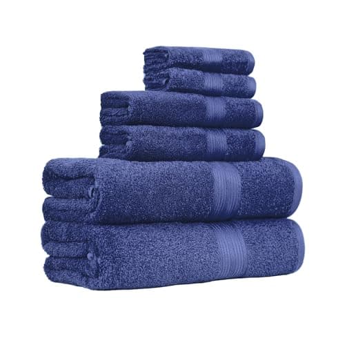 Amazon Basics 6 Piece Oversized Fade resistant Towel set, 100% Cotton towels for bathroom, soft and absorbent, 2 Bath Towels, 2 Hand Towels and 2 Washcloths bathroom towel set, Navy Blue - Image 1