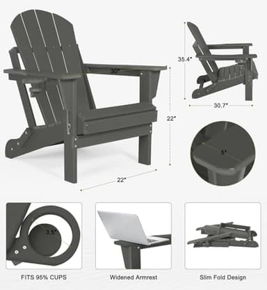 ABCPATIO Folding Adirondack Chairs - Plastic Adirondack Chairs with Cup Holder, Weather Resistant for Outdoor, Patio, Lawn, Garden, Backyard Deck, Fire Pit - Dark Gray - Image 3