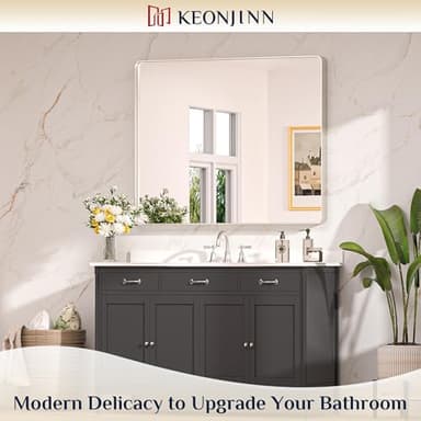 Keonjinn 42 x 36 Brushed Nickel Bathroom Vanity Mirror, Large Rounded Rectangle Bathroom Mirrors for over Sink, Metal Framed Silver Mirror for Wall, Shatterproof HD Tempered Glass(Horizontal/Vertical) - Image 2