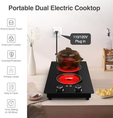 VBGK Electric Cooktop,110V 2400W Electric Stove Top with Knob Control,9 Power Levels, Kids Lock & Timer,LED touch control,Overheat Protection Electric stove,24 Inch desktop 2 burner - Image 5