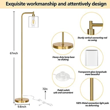 QiMH Glass Floor Lamp for Living Room, Modern Industrial Standing Lamp with Pedal Switch, 67” Tall Pole Lamp for Bedroom Study Room, Brushed Gold - Image 5