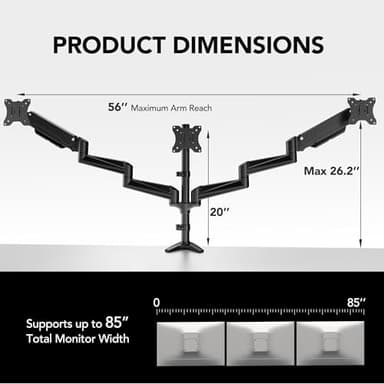 HUANUO Triple Monitor Mount for 17 to 32 inch Screens, Gas Springs Adjustment Triple Monitor Stand with Swivel, Tilt, Rotation, Clamp & Grommet Kit (Black) - Image 3