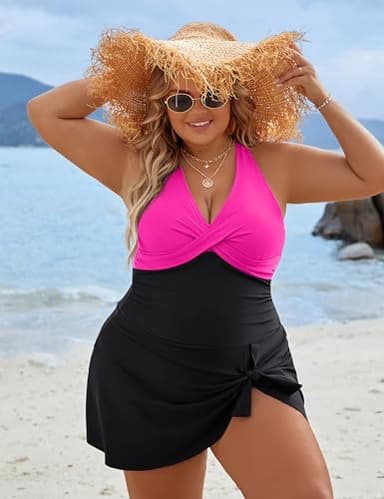 Blooming Jelly Women Plus Size Swim Dress Swimsuit One Piece Maternity Tummy Control Bathing Suit (XXL, Black Pink) - Image 4