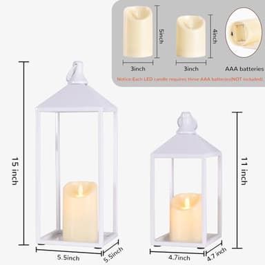 MATAHUM 2pcs Wedding Lanterns Decorative with LED Flameless Candle - White Vintage Farmhouse Metal Decorative Candle Lanterns for Wedding, Fireplace, Table Centerpiece, Indoor, Room, Valentine Decor - Image 6