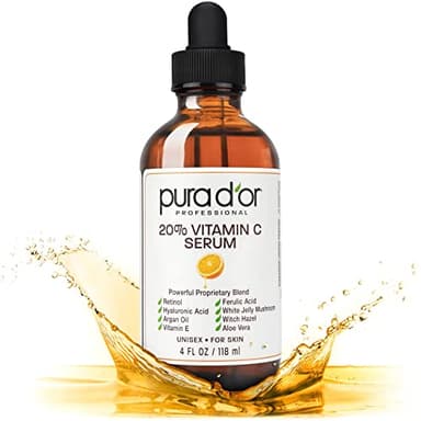 PURA D'OR 20% Vitamin C Serum 4 Oz - Lightweight Maximum Strength Formula - Retinol, Hyaluronic Acid, Ferulic Acid - Professional Grade Treatment For Face & Eyes, Wrinkles - Men & Women - Image 1