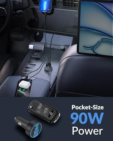 [4 in 1] USB C Car Charger, 4-Port 90W Super Fast Charging Cigarette Lighter Adapter, Dual 45W USBC & USB-A Multiport Car Phone Charger Accessories for iPhone 17 16 15 14 13 12, iPad, Galaxy, Tablet - Image 4