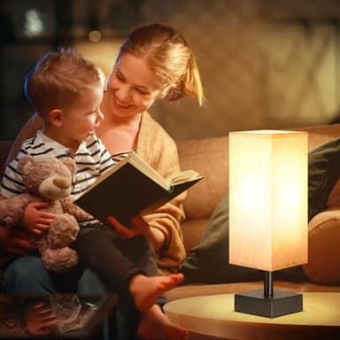 Small Table Lamp for Bedroom - Bedside Lamps for Nightstand, Minimalist Night Stand Light Lamp with Square Fabric Shade, Desk Reading Lamp for Kids Room Living Room Office Dorm - Image 3