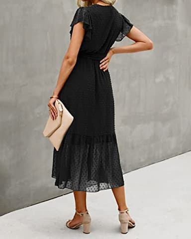 BTFBM Women Summer Bohemian Floral Casual Wrap V Neck Ruffle Cap Sleeveless Belt A-Line Pleated Hem Swing Midi Sun Dress (Swiss Dot Black, x_l) - Image 7