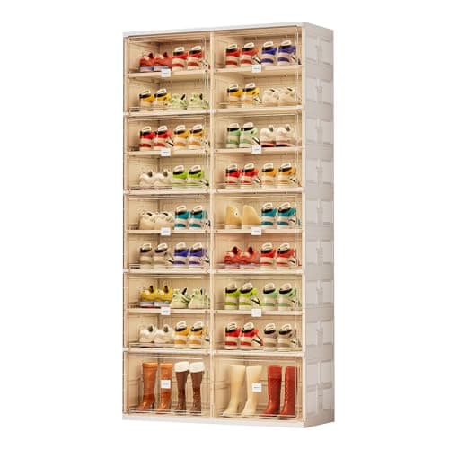 JEKO&JEKO 9 Tiers Foldable Boot and Shoe Storage Rack Cabinet for Closet Entryway, Large Collapsible Shoe Organizer with Magnetic Doors (White) - Image 1